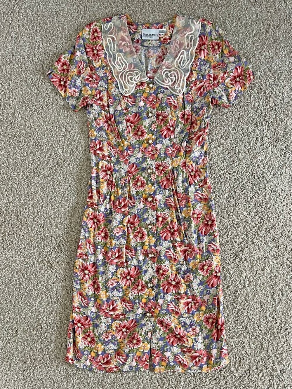 80s Floral Oversized Collar Retro Dress Cottagecore Spring Caroline Wells Size M